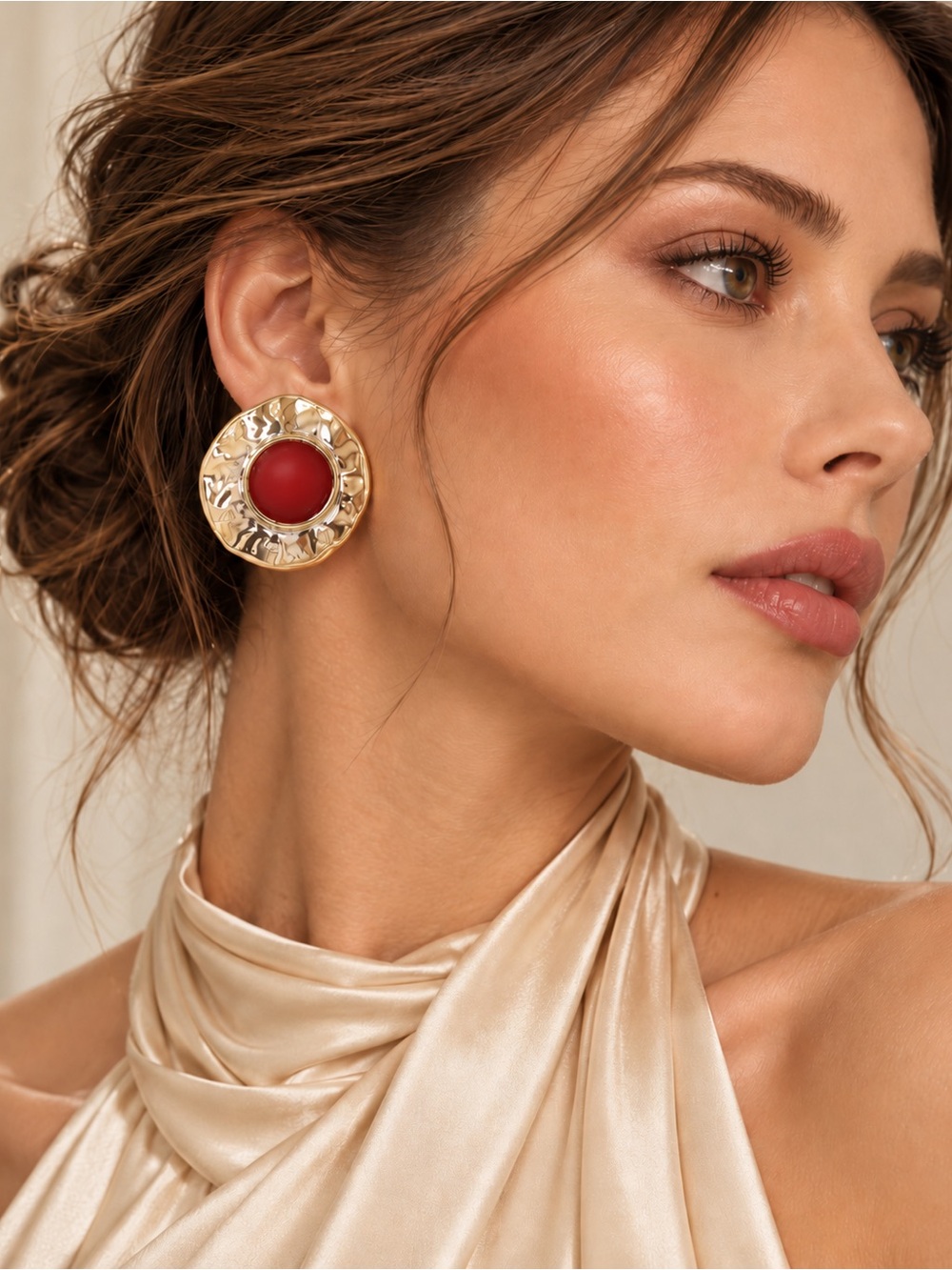 Gold Red Statement Button Earrings - Women Jewelry